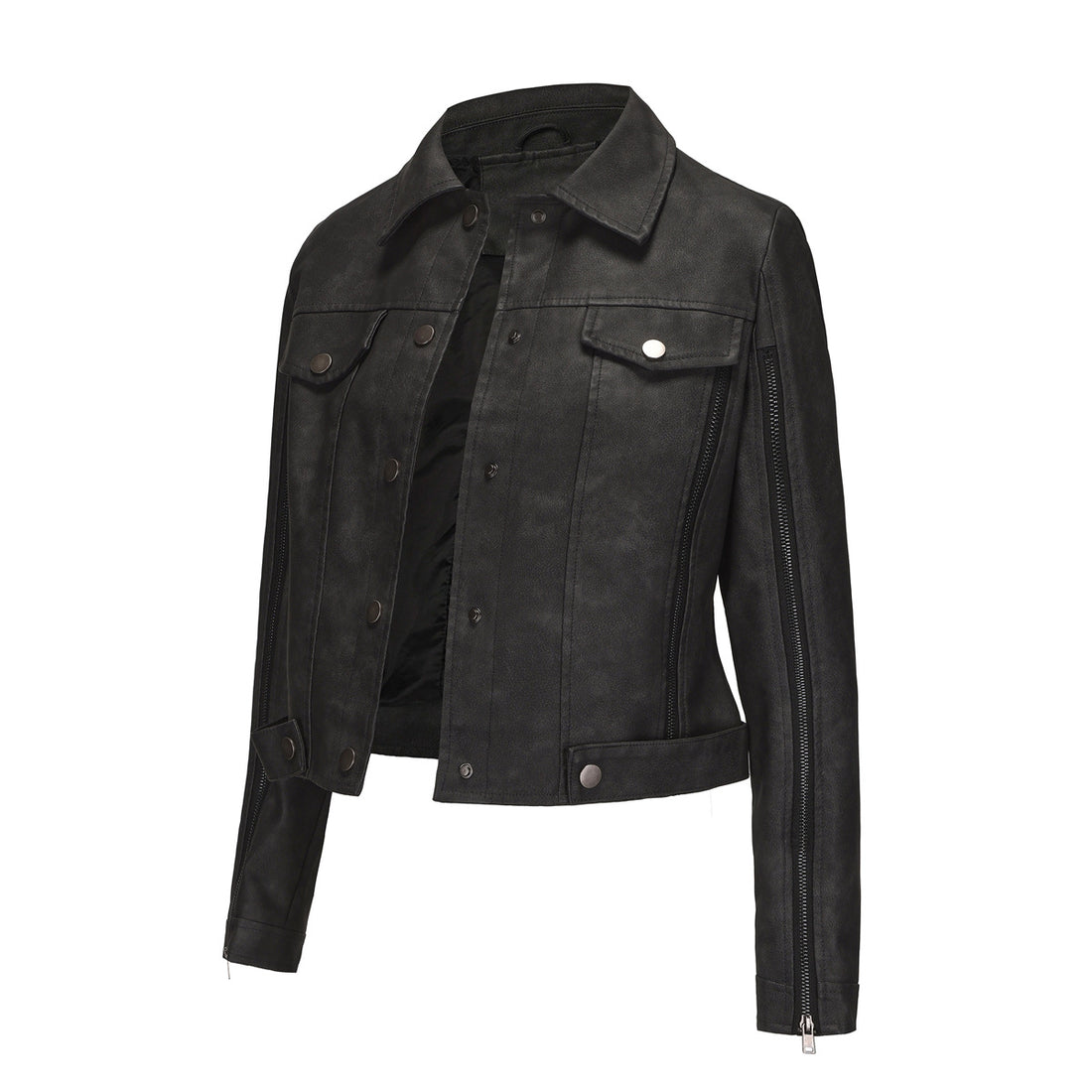 Damen kurze Cropped-Truckerjacke aus Wildlederoptik mit seitlichen Reißverschlüssen und aufgesetzten Brusttaschen – Célinea