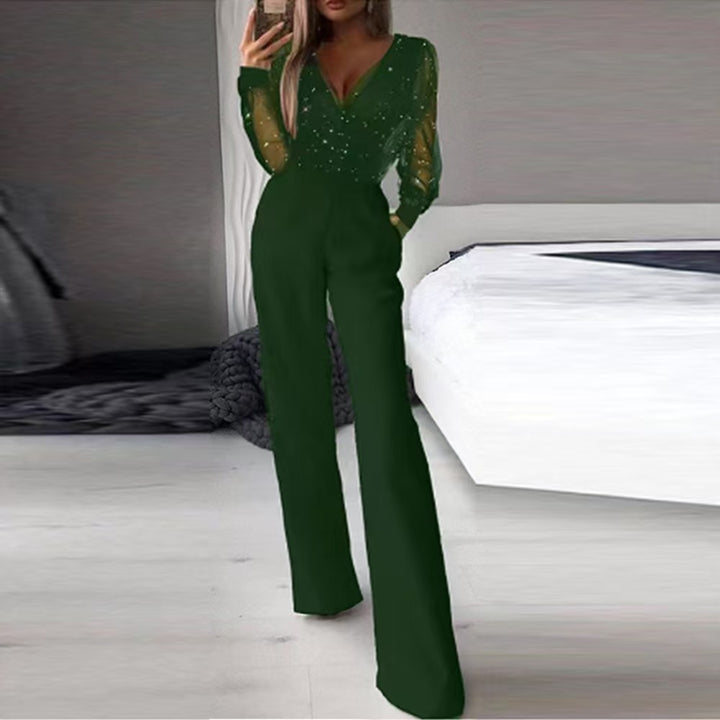 Damen Eleganter Jumpsuit mit transparenten Ärmeln und funkelnden Details Echo Archiv