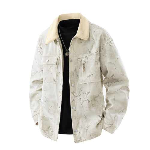 Men's marbled corduroy sherpa-collar overshirt jacket with flap chest pockets – Taviero
