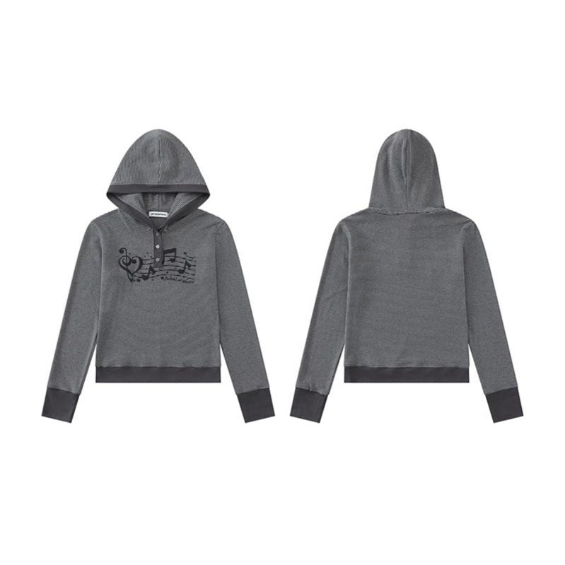 Damen Kapuzen-Henley-Pullover aus leichtem Streifenjersey mit Musik-Print Echoarchiv