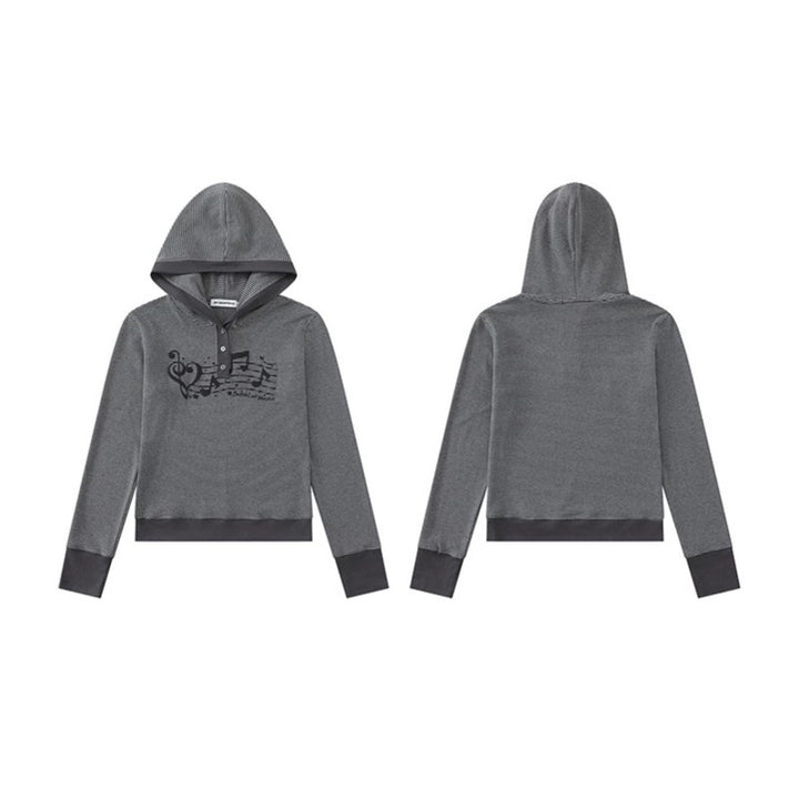 Damen Kapuzen-Henley-Pullover aus leichtem Streifenjersey mit Musik-Print Echoarchiv
