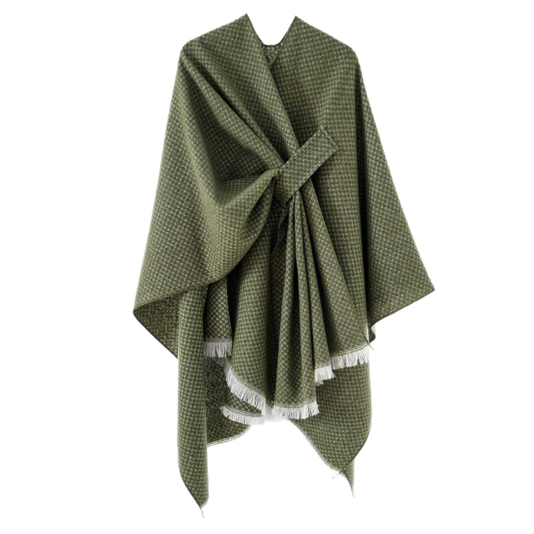 Damen Umlegbarer Wollmix-Poncho mit Hahnentritt-Jacquard und Bindegürtel Echo Archiv
