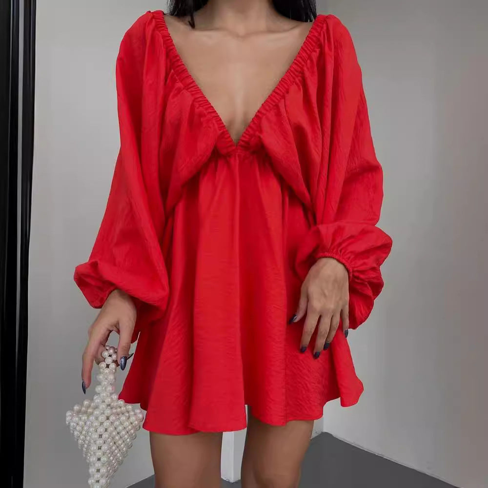 Damen Lockeres Minikleid mit tiefem V-Ausschnitt und Ballonärmeln Echoarchiv