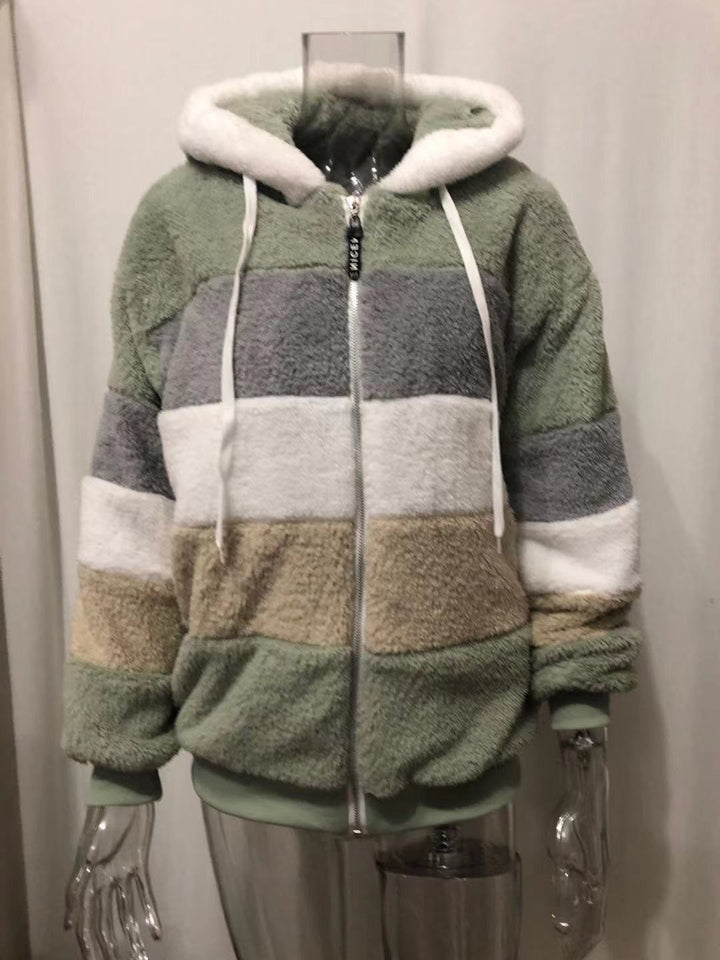Damen nan oversized Kunstfell-Patchwork Kapuzenjacke mit Rippbündchen und Zweiwege-Reißverschluss Echo Archiv