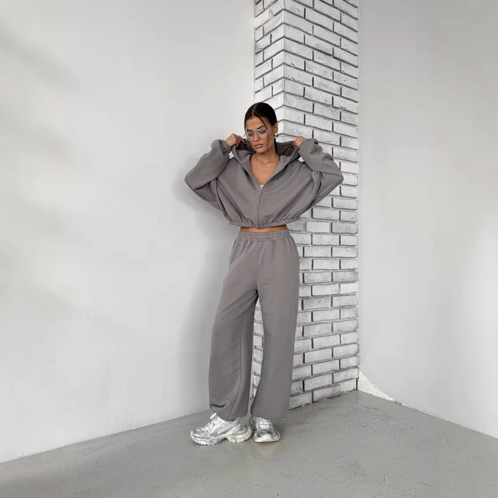 Damen Lounge-Set Cropped-Zip-Hoodie mit Oversize-Ärmeln und High-Waist Palazzo-Jogger – Élanora