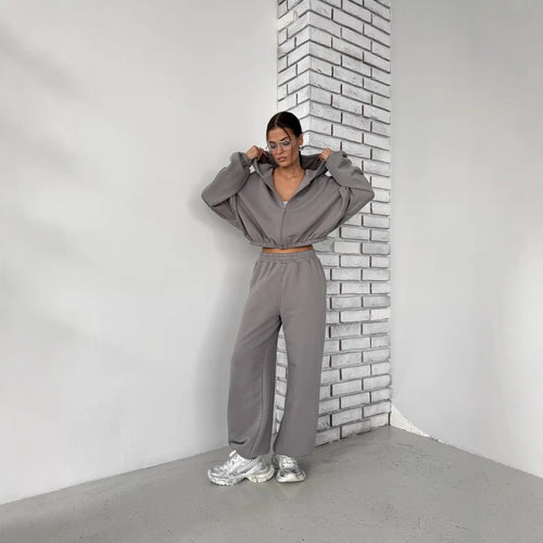 Damen Lounge-Set Cropped-Zip-Hoodie mit Oversize-Ärmeln und High-Waist Palazzo-Jogger – Élanora