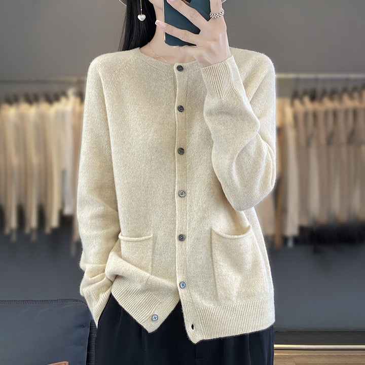 Damen Langer Feinstrick-Cardigan mit Rundhalsausschnitt, Eingrifftaschen und Alpaka-Mix Echoarchiv