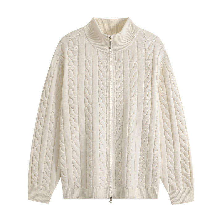 Herren Grobgestrickter Reißverschluss-Cardigan mit Zopfmuster, Stehkragen und Oversize-Schnitt Echoarchiv