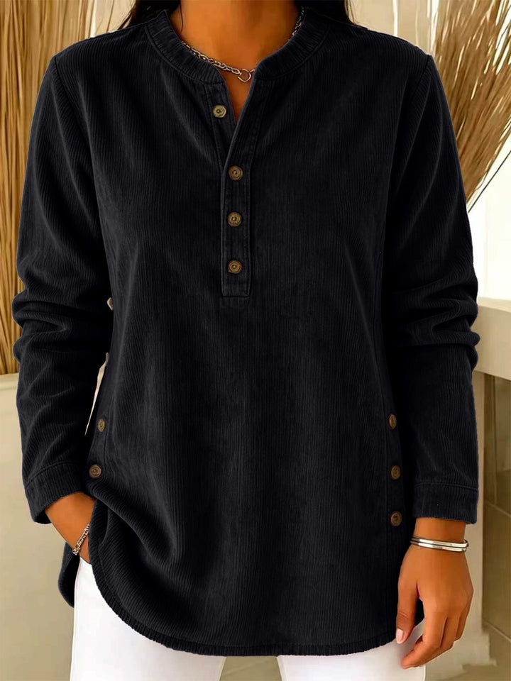 Damen Lässige Cordoptik‑Tunika mit Henley‑Kragen und Seitenknöpfen – Avérine