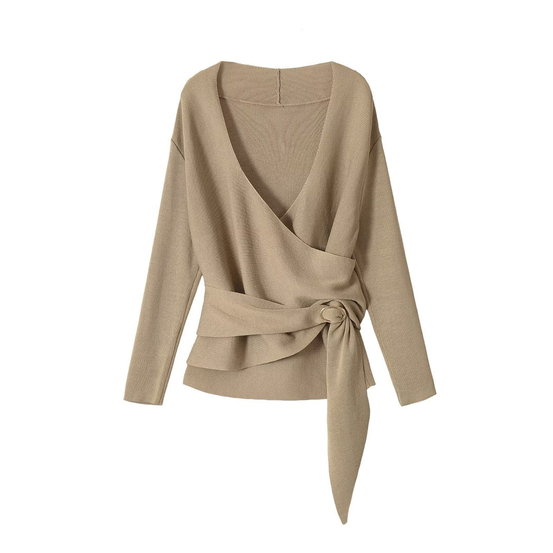 Damen Wickel-Strickpullover mit V‑Ausschnitt und Ziergürtel Echo Archiv