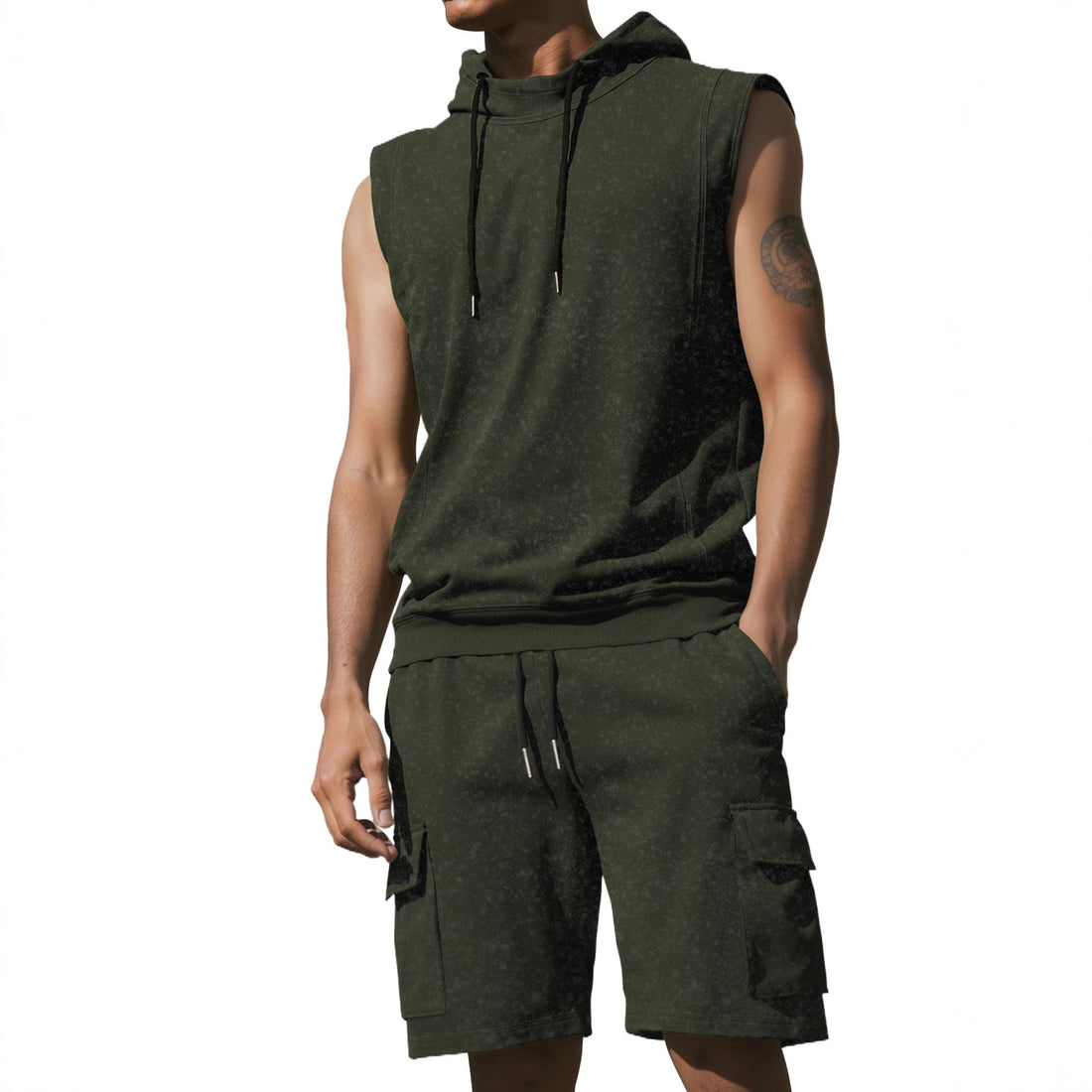 Herren Kapuzen-Muskelshirt-Set mit funktionaler Cargobermuda – Marzano