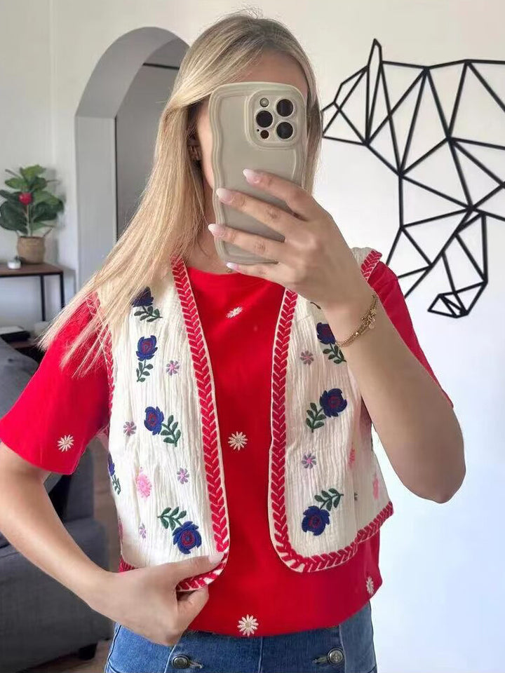 Damen Bestickte Kurz-Weste im Boho‑Chic mit floralen Applikationen Echoarchiv