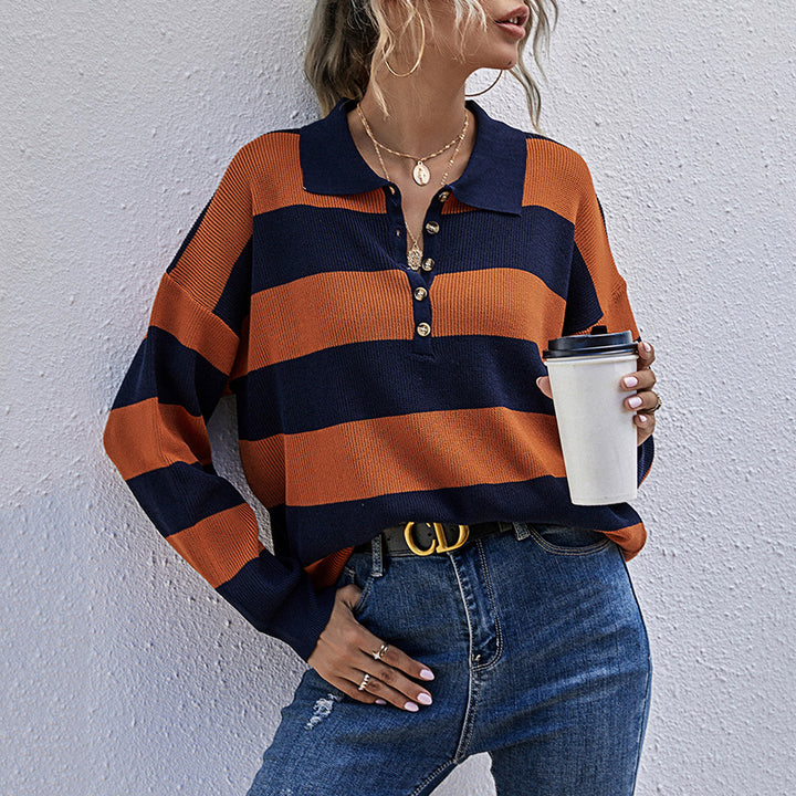Damen Eleganter Pullover mit Polo-Kragen und Streifen Echo Archiv