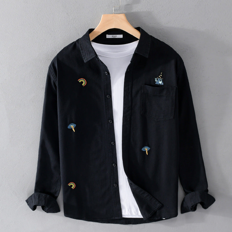 Herren Besticktes Leichtes Baumwoll-Overshirt mit Brusttasche und dezenten Patch-Stickereien Echoarchiv