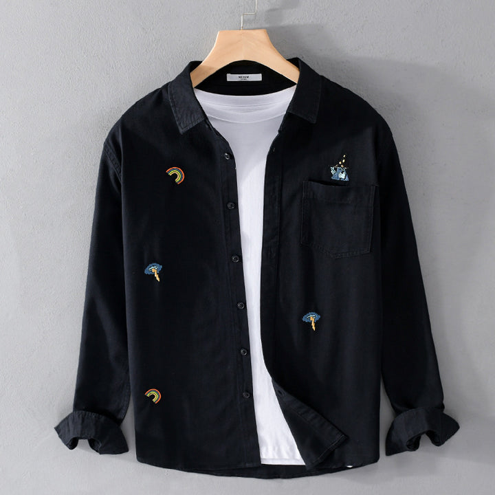 Herren Besticktes Leichtes Baumwoll-Overshirt mit Brusttasche und dezenten Patch-Stickereien Echoarchiv