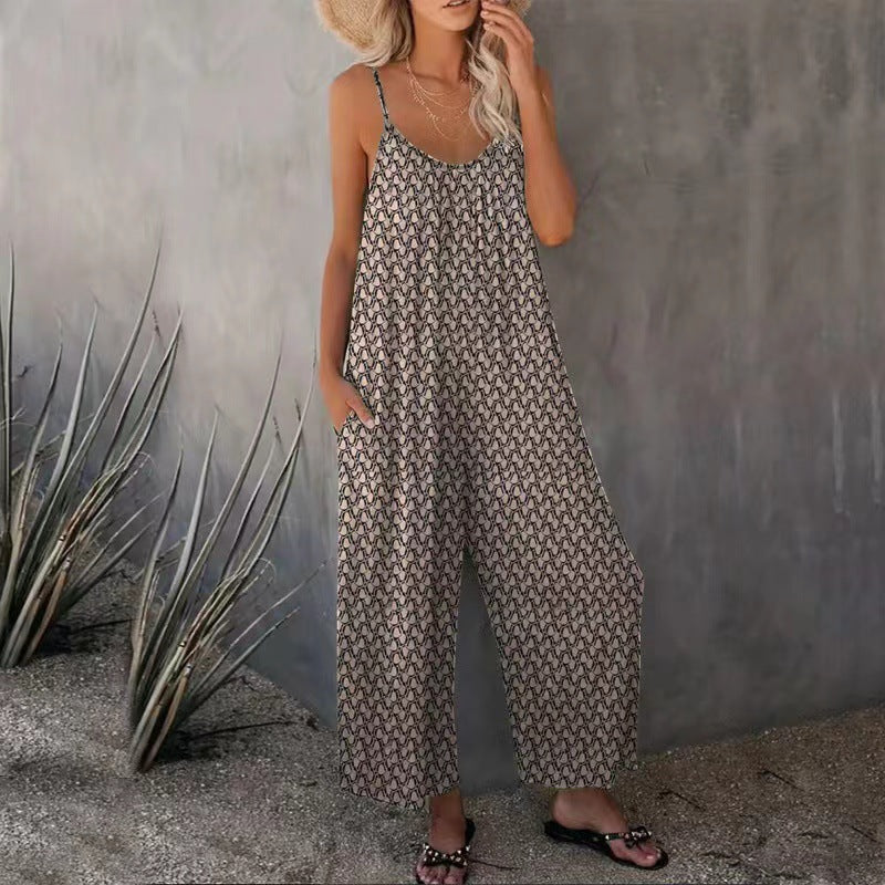 Damen Luftiger Sommeroverall mit breiten Beinen und praktischen Taschen Echoarchiv