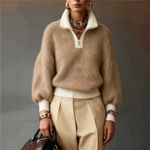 Damen Flauschiger Pullover mit halbem Reißverschluss, Stehkragen und Ballonärmeln – Mavelle