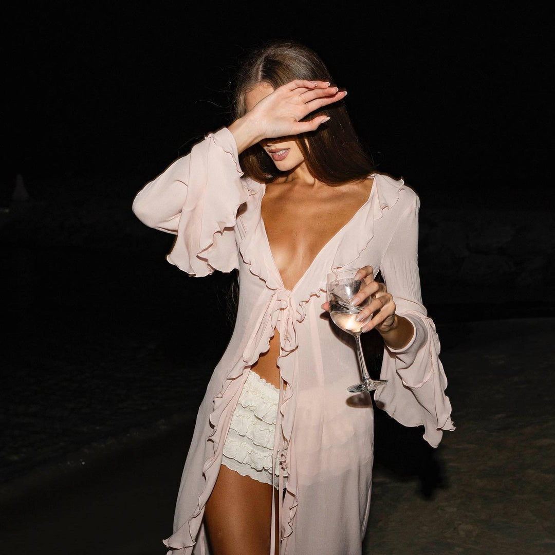 Damen elegantes Strandkleid mit Rüschen und tiefem Schlitz Echo Archiv