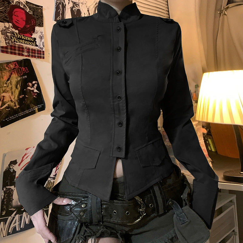 Damen nan taillierte Utility‑Militärjacke mit Stehkragen, Schulterpatten und aufgesetzten Pattentaschen Echo Archiv