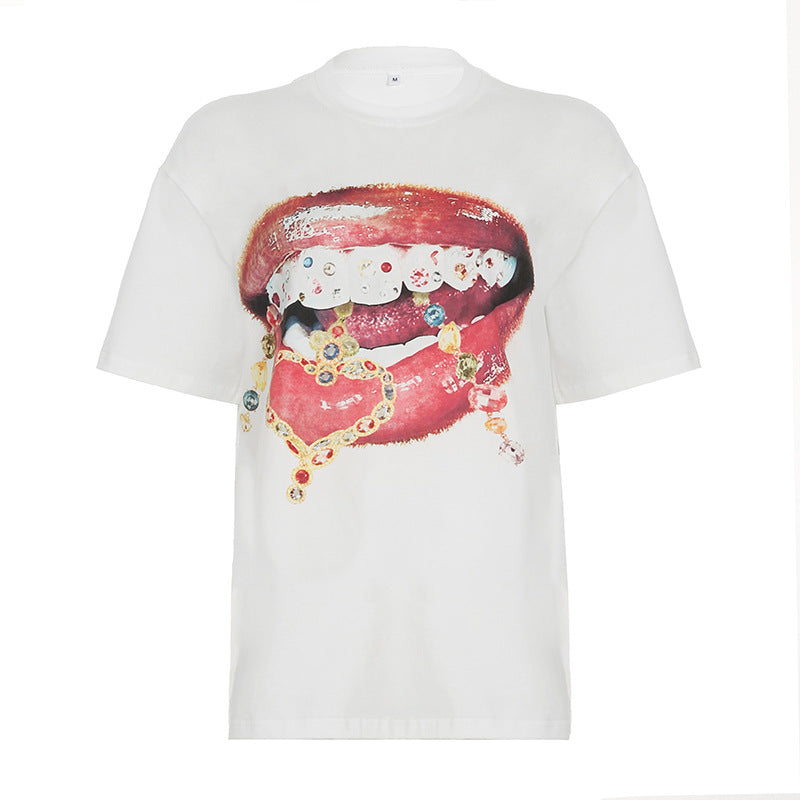 Damen lässiges T-Shirt mit glänzendem Kreuzdesign und großzügigem Ausschnitt Echo Archiv