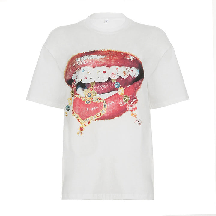 Damen lässiges T-Shirt mit glänzendem Kreuzdesign und großzügigem Ausschnitt Echo Archiv