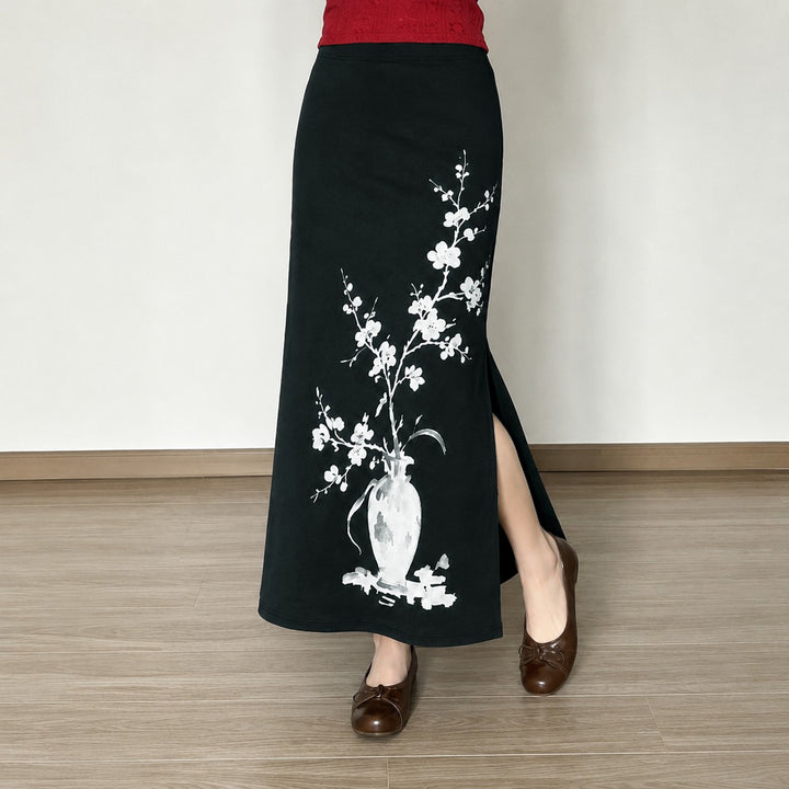 Damen nan ausgestellter Maxi-Rock mit A-Linien-Schnitt, elastischem Bund und floraler Aquarell-Vasen-Print Echo Archiv
