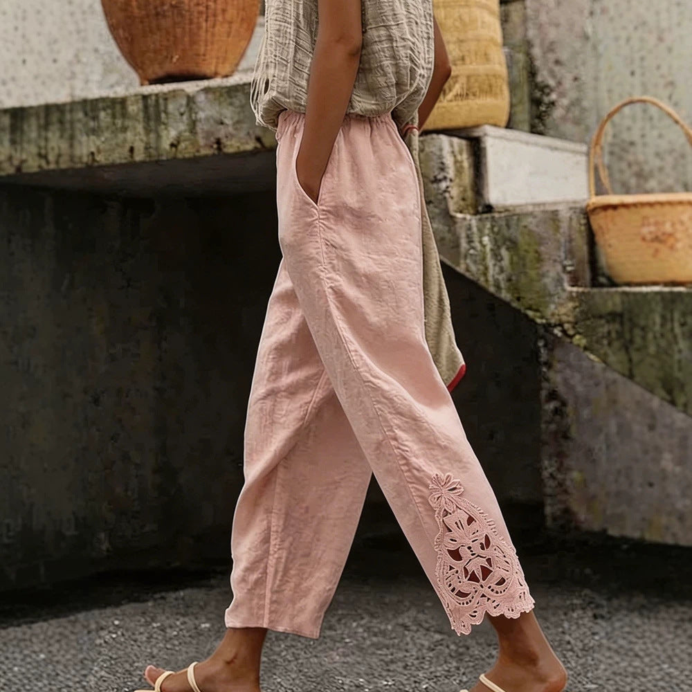 Damen elegante Leinenhose mit Spitzenapplikationen Echo Archiv
