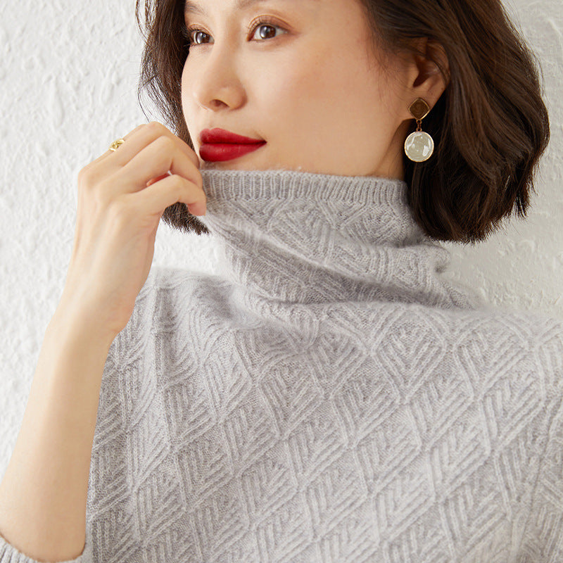 Damen Luxuriöser Mohair‑Mix Rollkragenpullover mit diamantgewEchoarchivter Ajourstruktur Echoarchiv