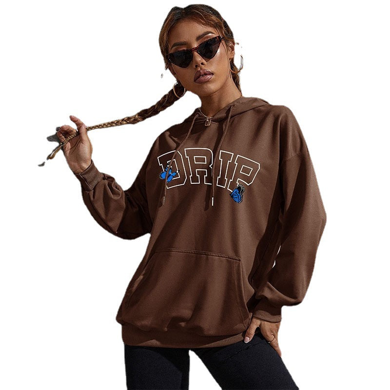 Damen Oversize-Kapuzenpullover mit Kängurutasche und Schmetterling-Stickerei Echoarchiv