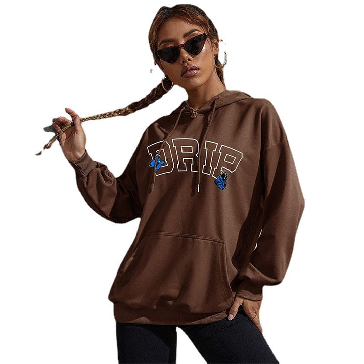 Damen Oversize-Kapuzenpullover mit Kängurutasche und Schmetterling-Stickerei Echoarchiv