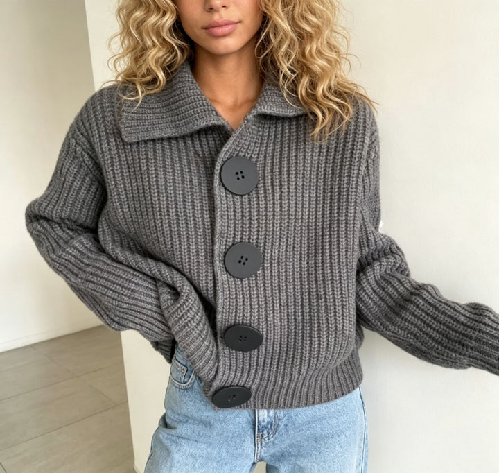 Damen Grobstrick-Cardigan mit breitem Umlegekragen – Veloura