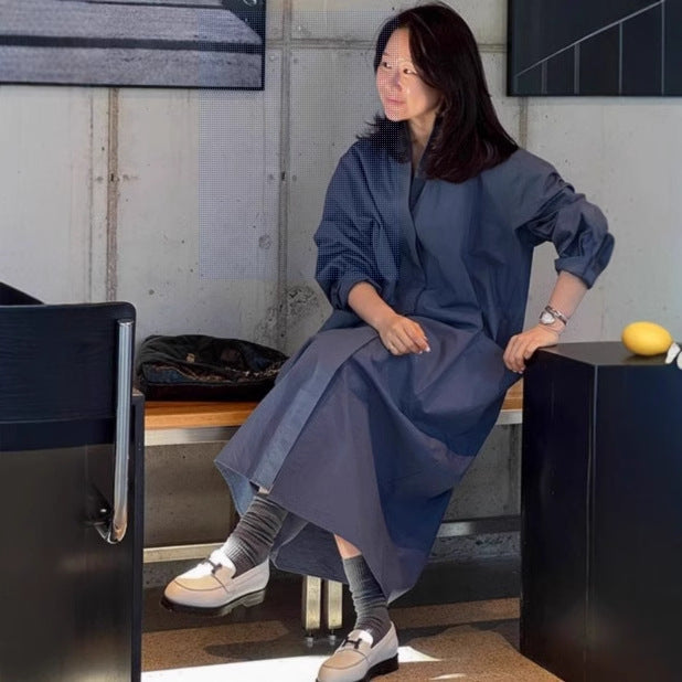 Damen Langes Oversize-Hemdblusenkleid aus Baumwollpopeline mit seitlichen Eingrifftaschen und Rückenpasse – Valéora