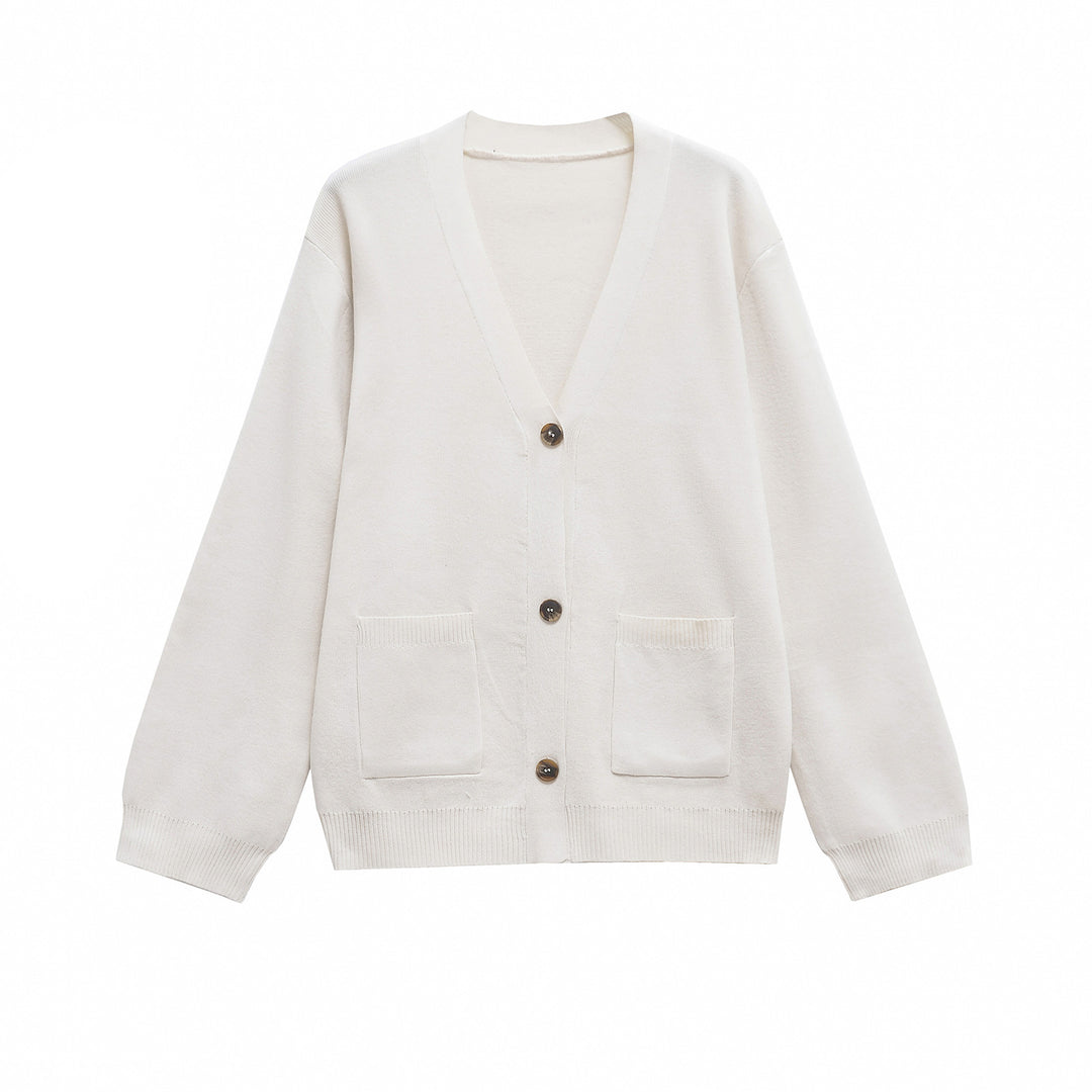 Damen Oversize Strickcardigan mit V‑Ausschnitt und aufgesetzten Taschen Echoarchiv