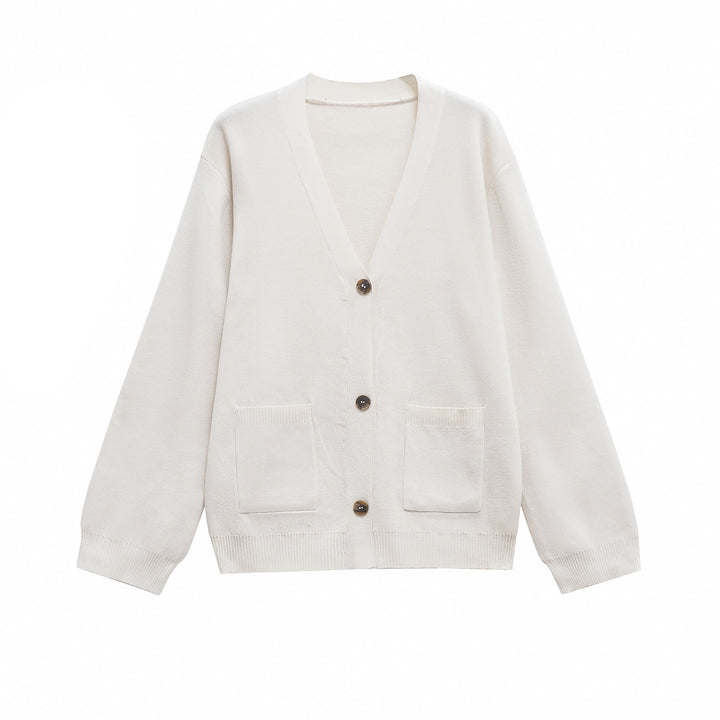 Damen Oversize Strickcardigan mit V‑Ausschnitt und aufgesetzten Taschen Echoarchiv