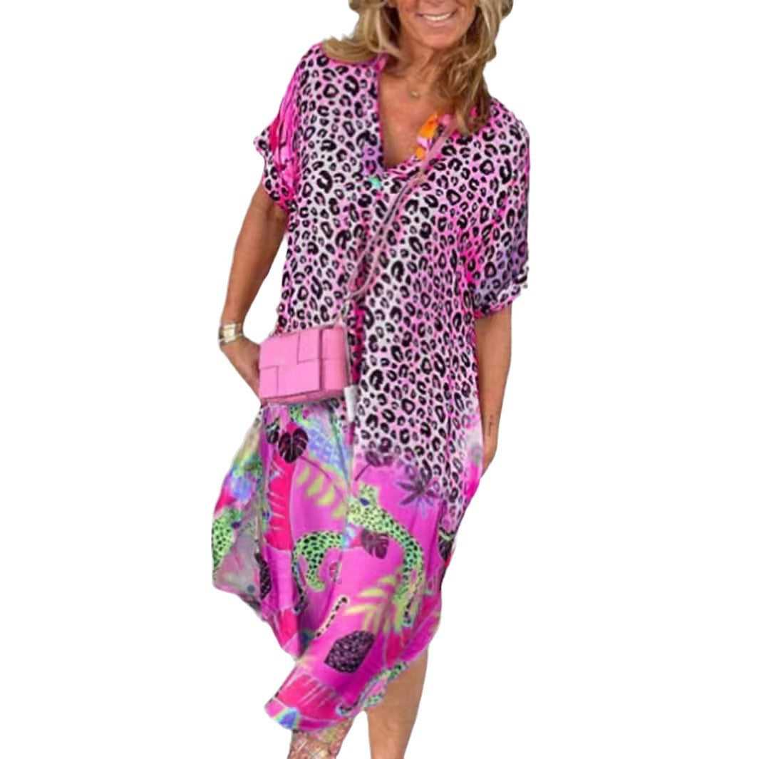 Damen nan locker sitzendes V-Ausschnitt Midikleid mit Leopardenmuster und Tropenmotiv Echo Archiv