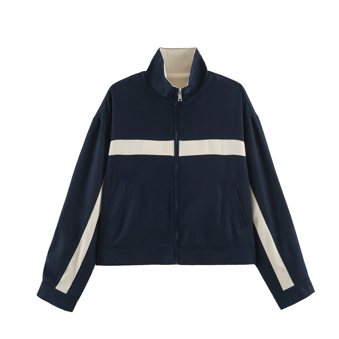Unisex Kurz geschnittene Trackjacke mit Stehkragen, Kontraststreifen und Reißverschluss Echo Archiv