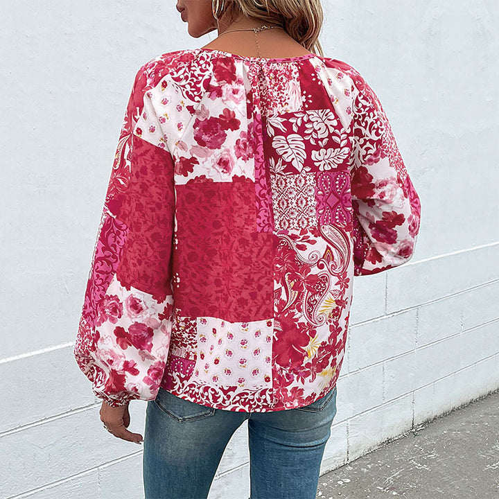 Damen Patchwork-Bluse mit V-Ausschnitt, BindEchoarchivändern und Ballonärmeln Echoarchiv