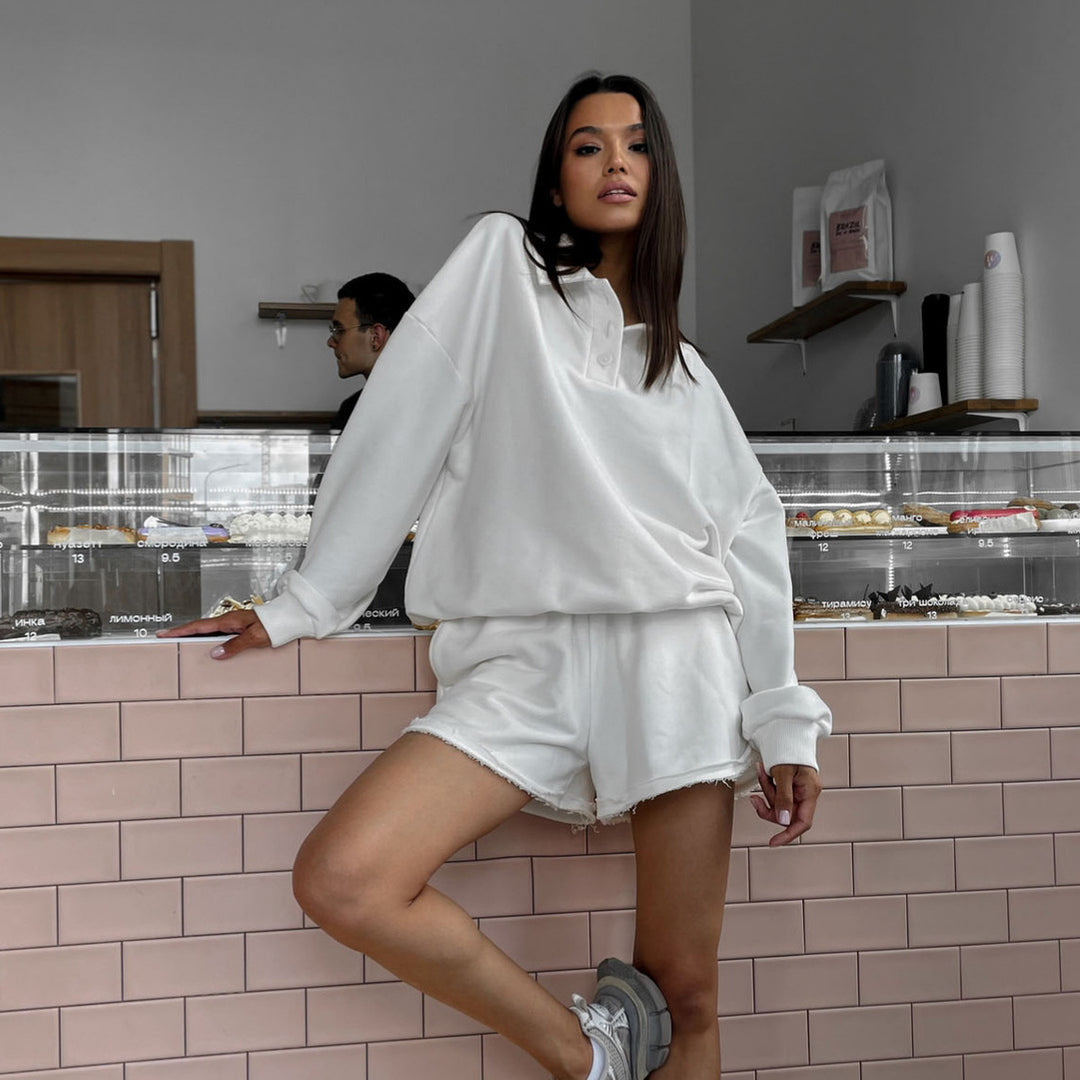 Damen Relaxed-Frottee-Loungewear-Set mit Oversize-Sweatshirt und ausgefransten Shorts – Avérine