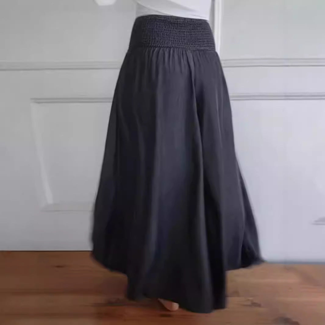 Damen-Maxi-Rock mit hohem Smockbund, weitem Fall und seitlichen Taschen – Valéora
