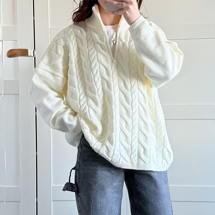 Damen nan oversized Zopfmuster-Troyer mit halbem Reißverschluss, hohem Stehkragen und gerundetem Saum Echo Archiv