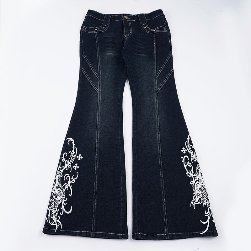 Damen Schlagjeans mit hoher Taille, dekorativer Seitenstickerei und ausgestelltem Bootcut – Dénora