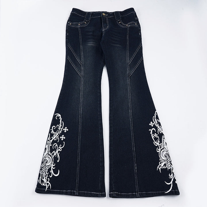 Damen Schlagjeans mit hoher Taille, dekorativer Seitenstickerei und ausgestelltem Bootcut – Dénora