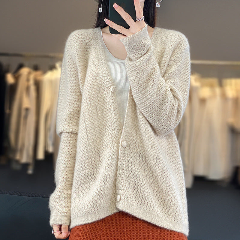 Damen Offener Ajour-Strickcardigan mit dezentem Flauschfinish und kastiger Oversize-Silhouette Echoarchiv