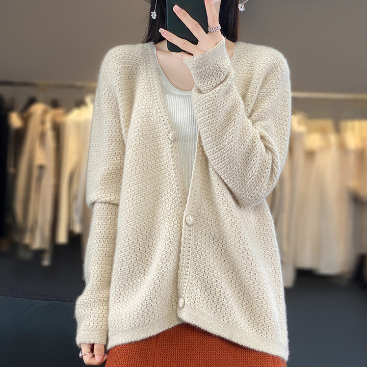 Damen Offener Ajour-Strickcardigan mit dezentem Flauschfinish und kastiger Oversize-Silhouette Echoarchiv