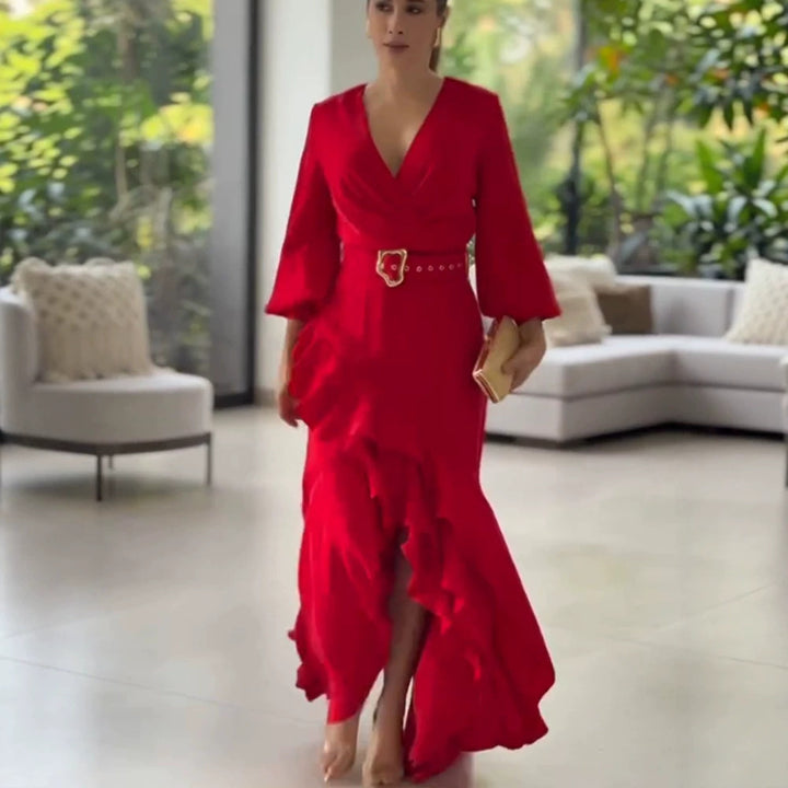 Damen Elegantes Wickel-Maxikleid mit Volants, tailliertem Gürtel & weitem Glockenärmel Echoarchiv