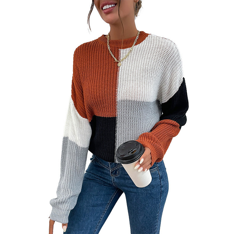 Damen Grobgestrickter Colorblock-Pullover Oversize mit Rundhals & Ballonärmeln Echoarchiv