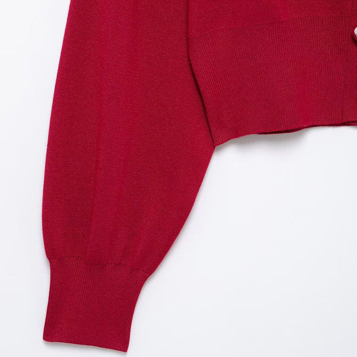 Damen Cropped Strickcardigan mit Ballonärmeln und Herz‑Zierknöpfen Echoarchiv