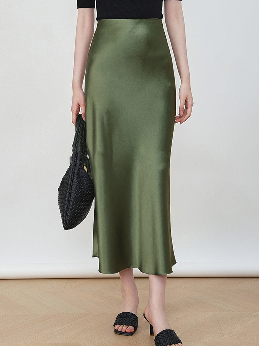 Damen Eleganter Hochtaillierter Satin-Midirock Echoarchiv