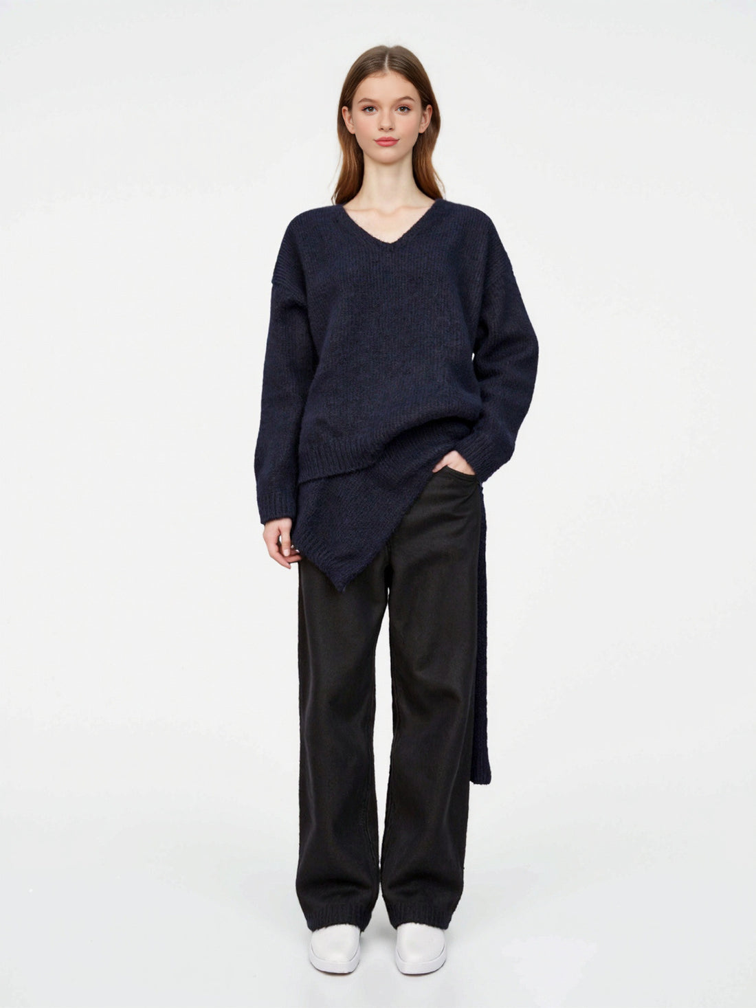 Damen Oversize Strickpullover mit integriertem Schal und weitem Schulterkragen Echoarchiv