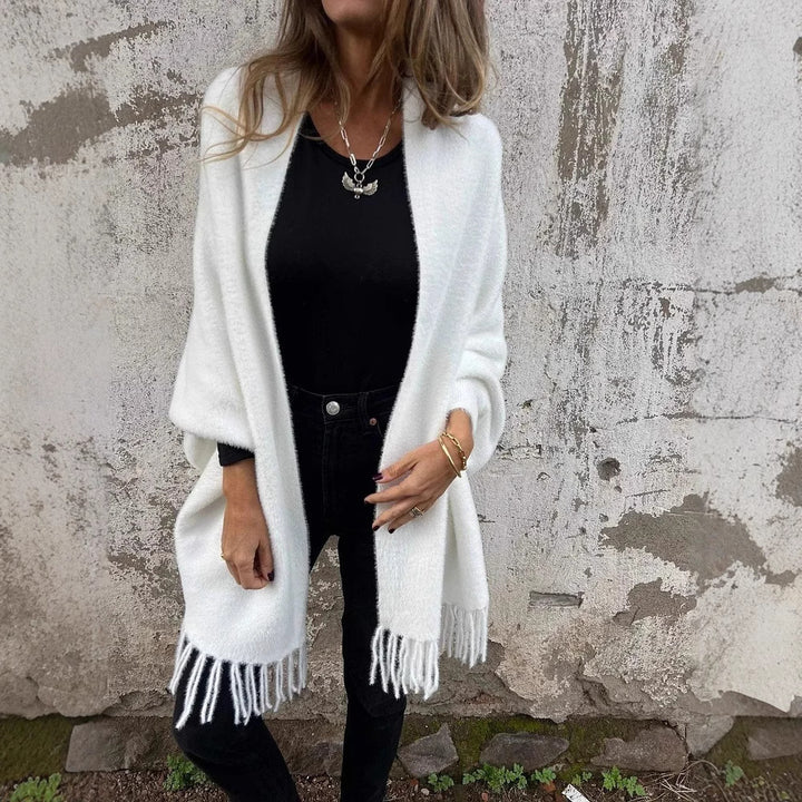 Damen nan langer kuscheliger Fransen-Cardigan mit Schalkragen und Oversize-Passform Echo Archiv